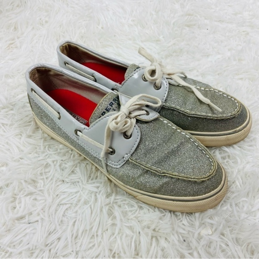 SPERRY silver sparkly glitter lace up boat shoes size 8